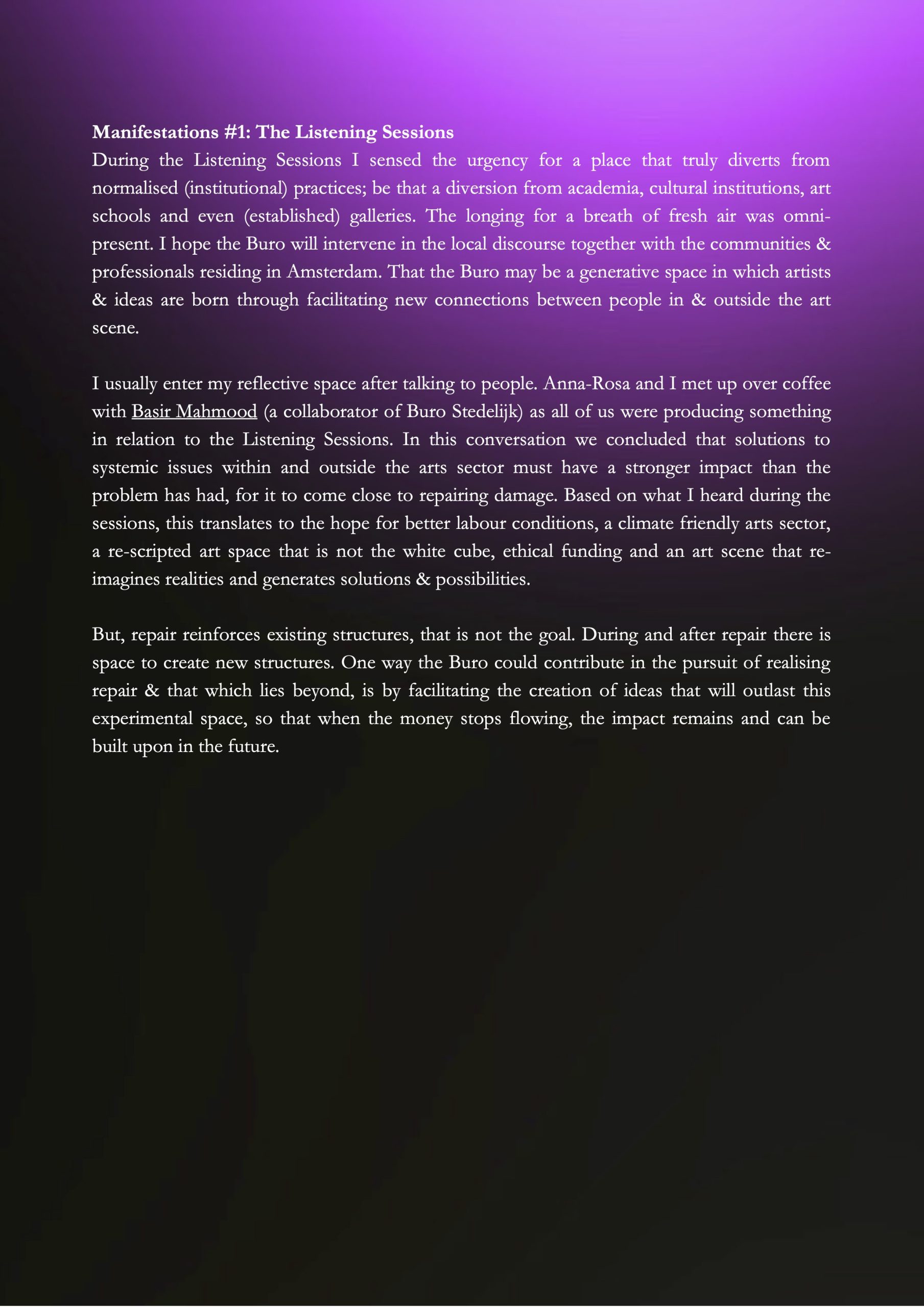From Listening to Reflecting: Thoughts on ‘Manifestation #1: Listening Sessions’